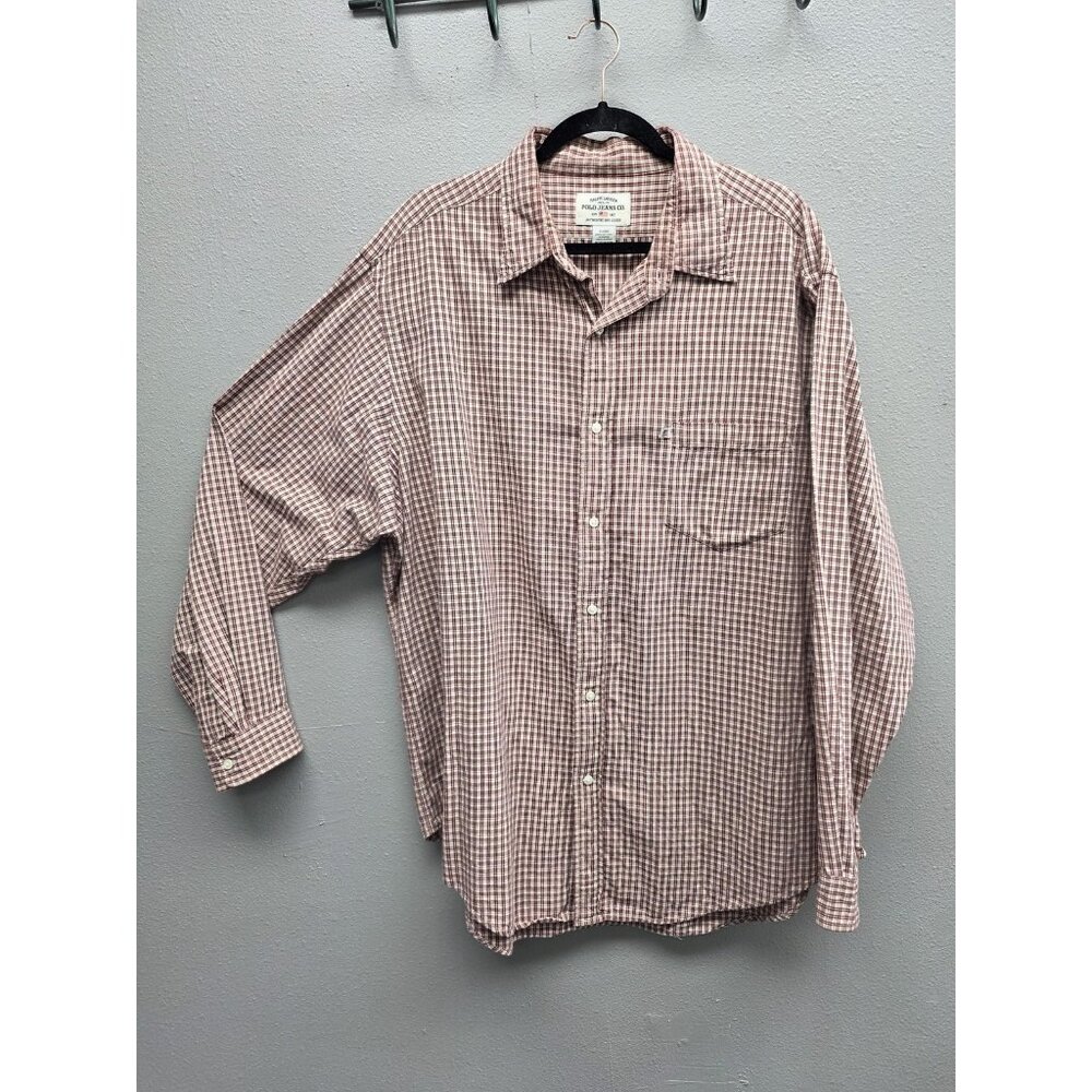 Ralph Lauren Polo Jeans Shirt Mens XL Brown Plaid Button Up Cotton Casual Pocket